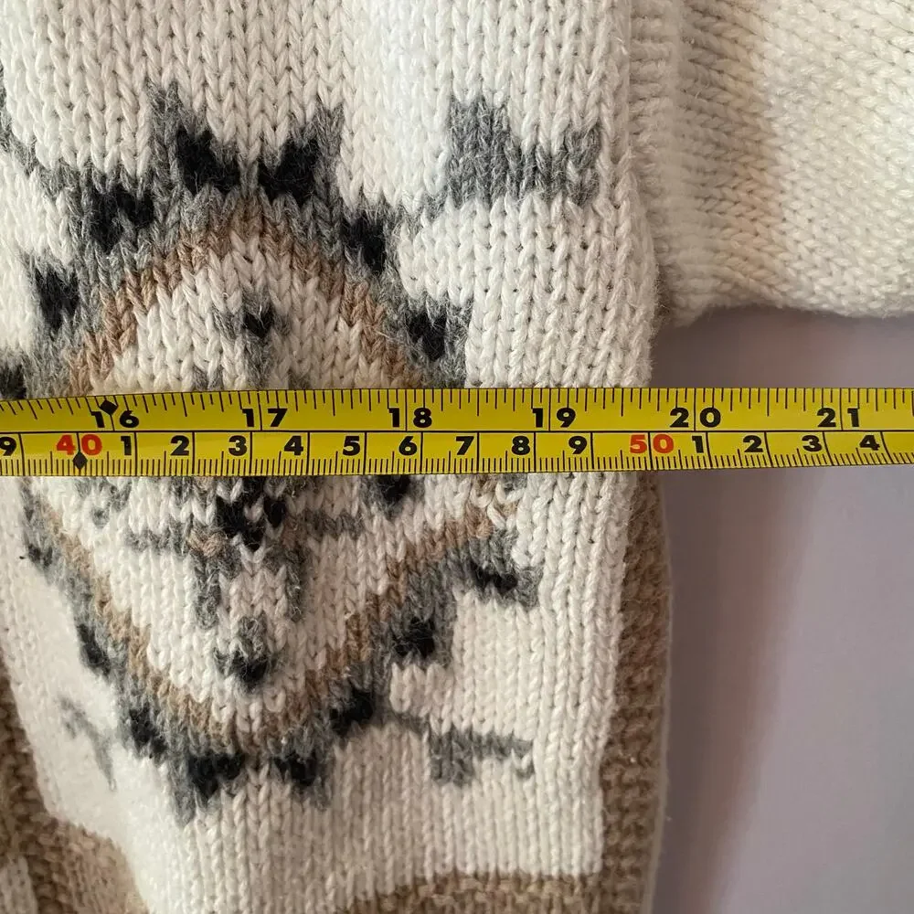 Vintage Russ Sport Grannycore White Brown Knit Chunky Crewneck Sweater Medium